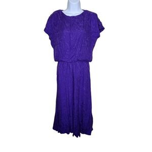 Vintage 80s Cap Sleeve Blouson Dress Womens Size 6 Royal Purple Paisley